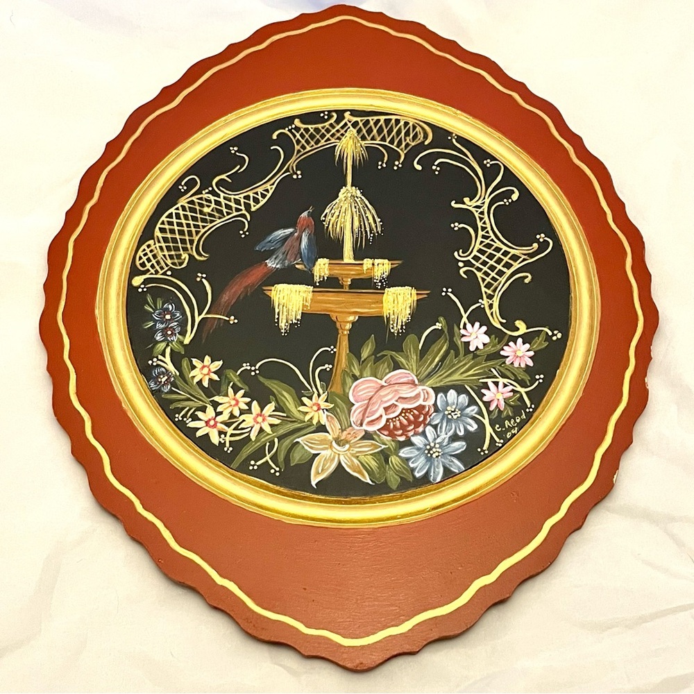 Hand-painted Wooden Table Decor, Signed by Artist, Bird Flowers 2004